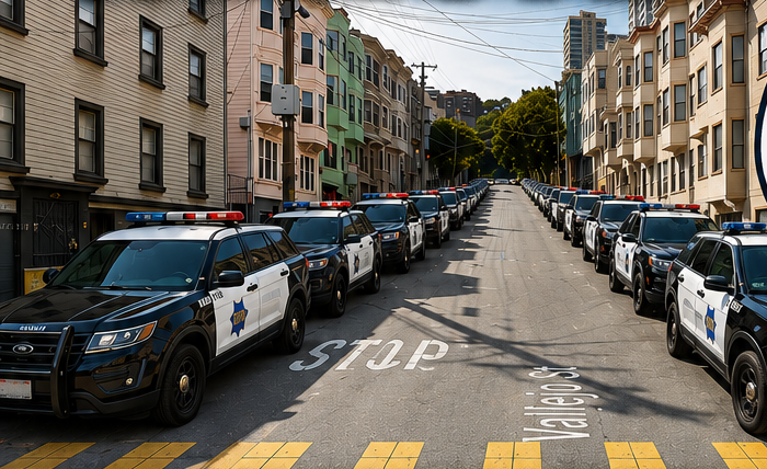Police vehicles lining the lower half of Vallejo Street